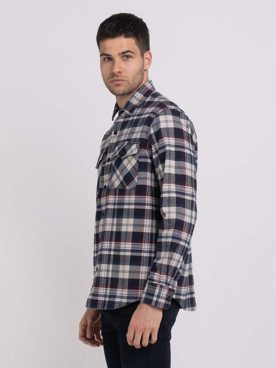 REPLAY PÁNSKÁ KOŠILE Z KÁROVANÉHO FLANELU S KAPSAMI