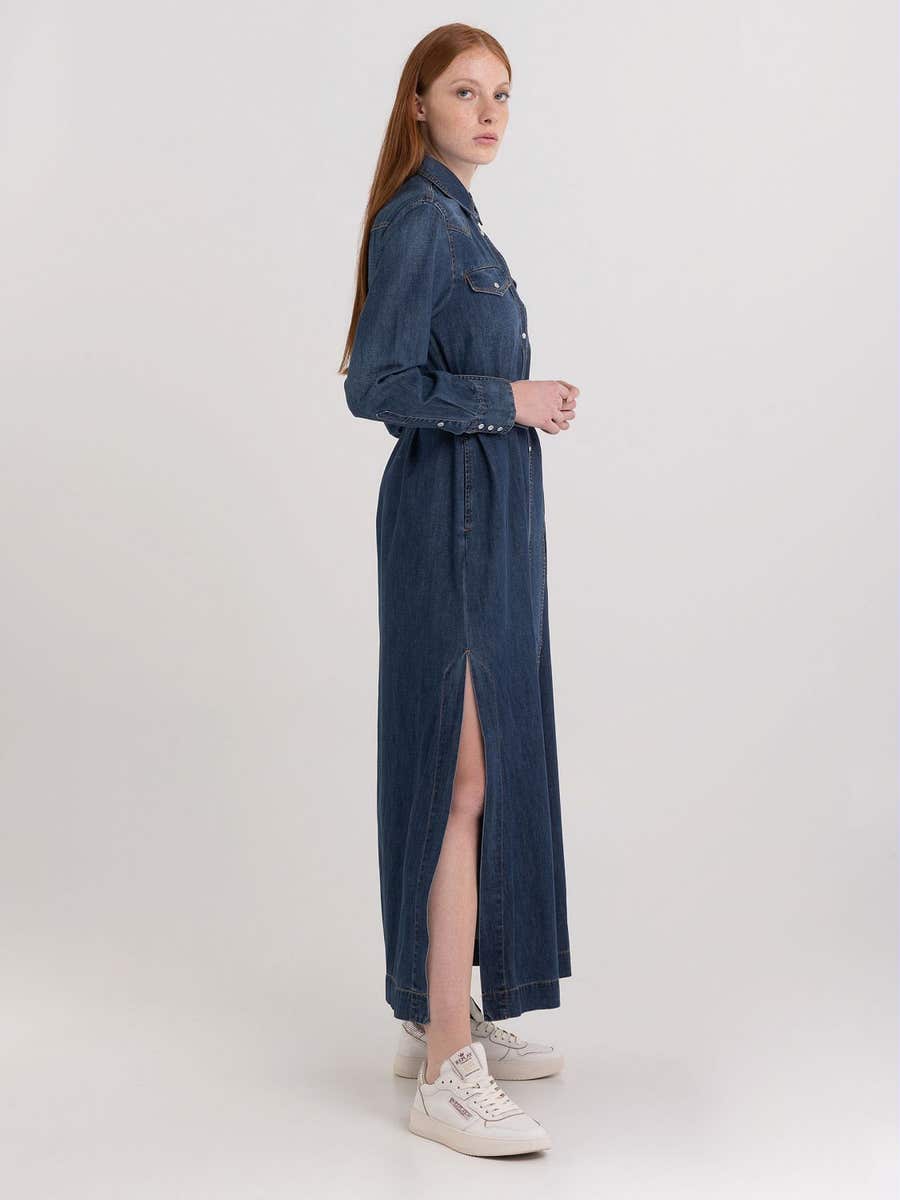 replay denim dress REPLAY Extra-long denim dress with slit - Stylish denim dress
