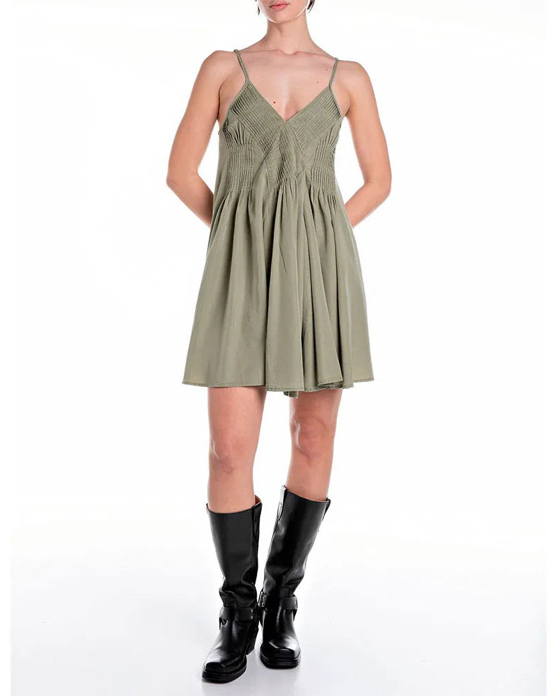 REPLAY WOMEN'S SUMMER MINI DRESS WITH STRAPS AND PLEATS
