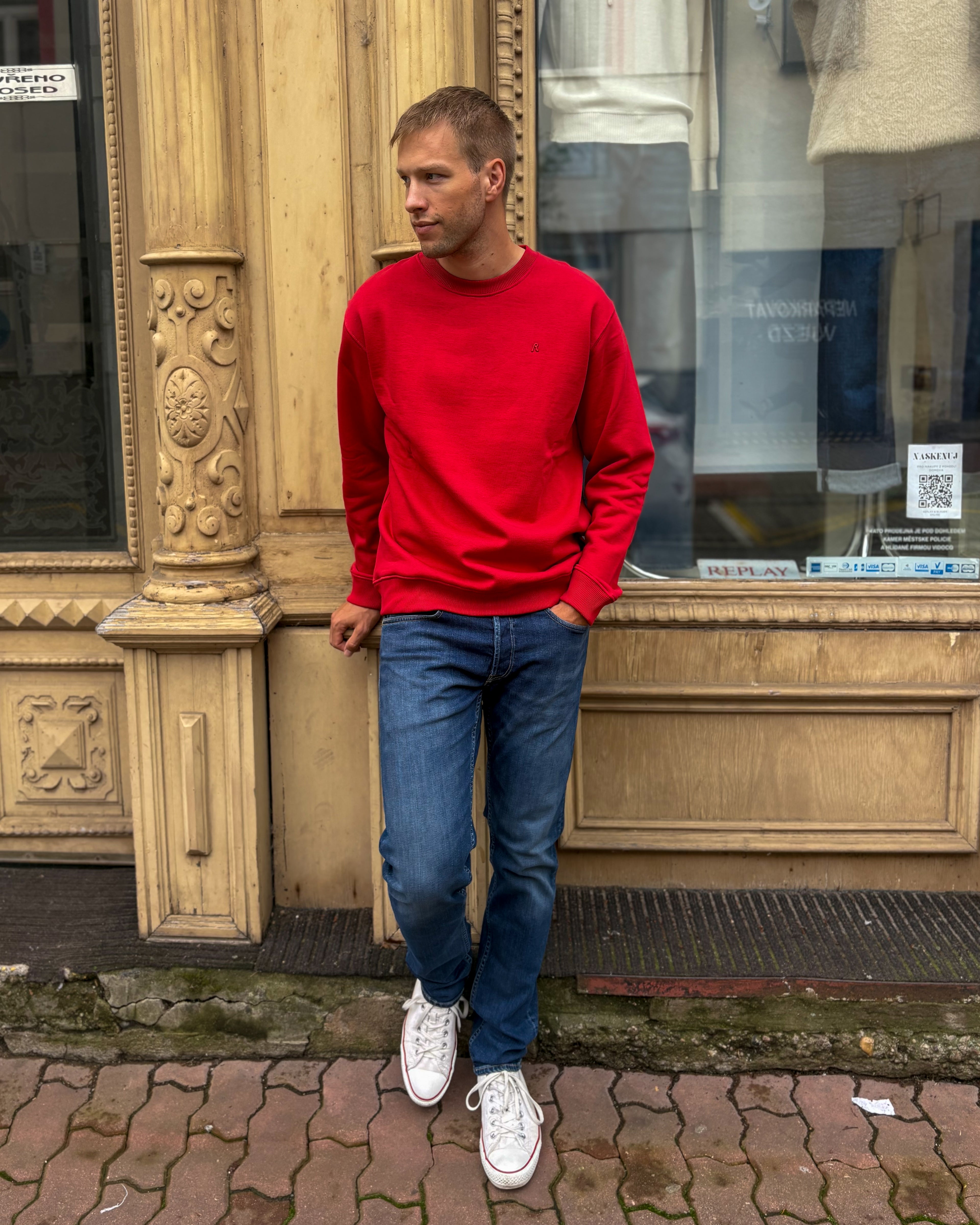 FÉRFI REPLAY RÖVIDÍTETT, KEFELT PAMUT PULÓVER