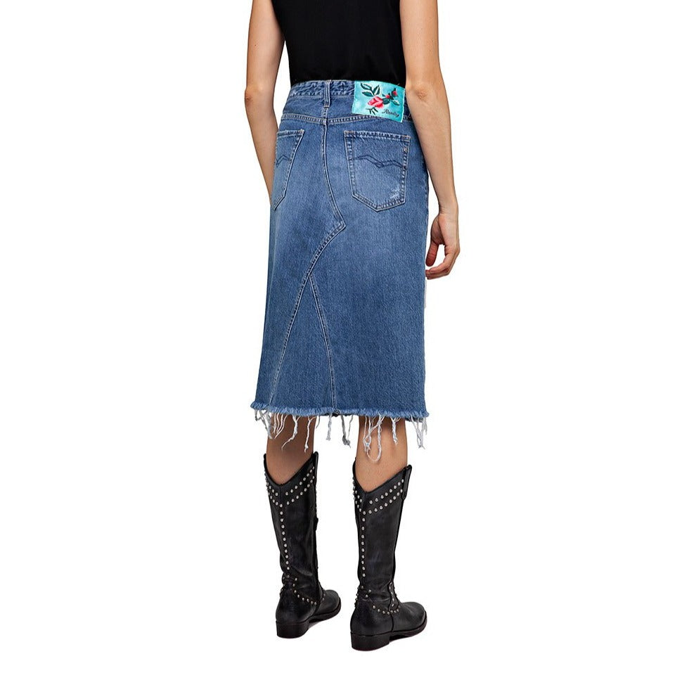 DÁMSKÁ REPLAY DLOUHÁ DŽÍNOVÁ SUKNĚ S NEZAČIŠTĚNÝM LEMEM 