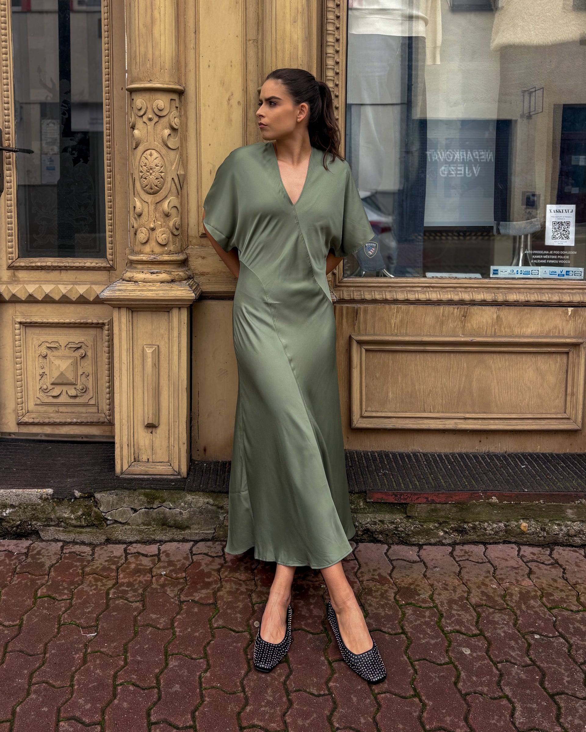 Zara Green Satin Slip Dress REPLAY Poly Satin Midi Dress Elegant V-neck   RESTYLE Fashion Hub