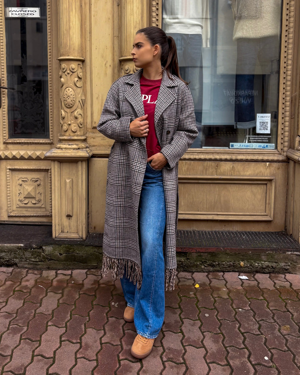 REPLAY WOMEN'S CHECK WOOL BLEND COAT WITH FRINGES