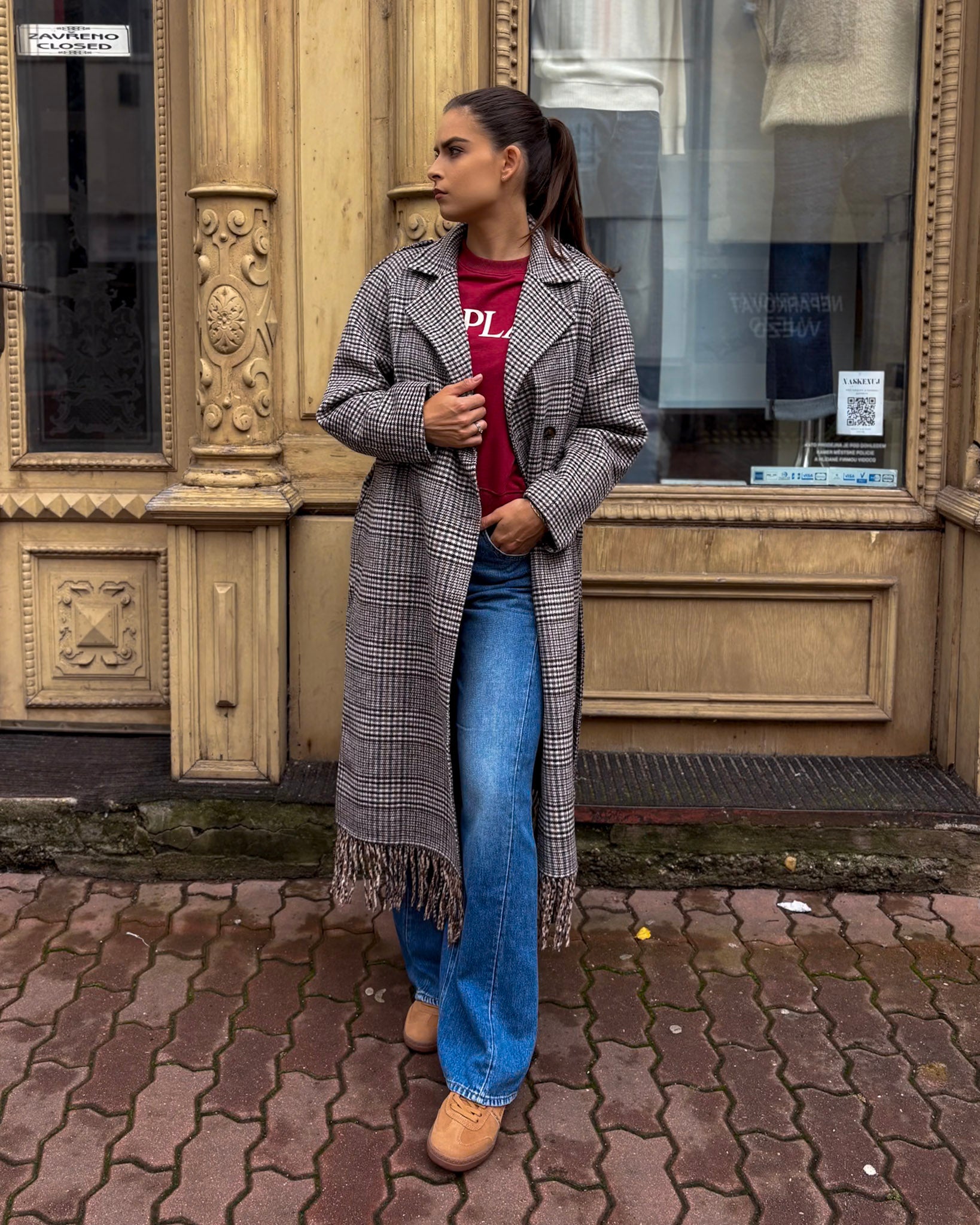 REPLAY WOMEN'S CHECK WOOL BLEND COAT WITH FRINGES