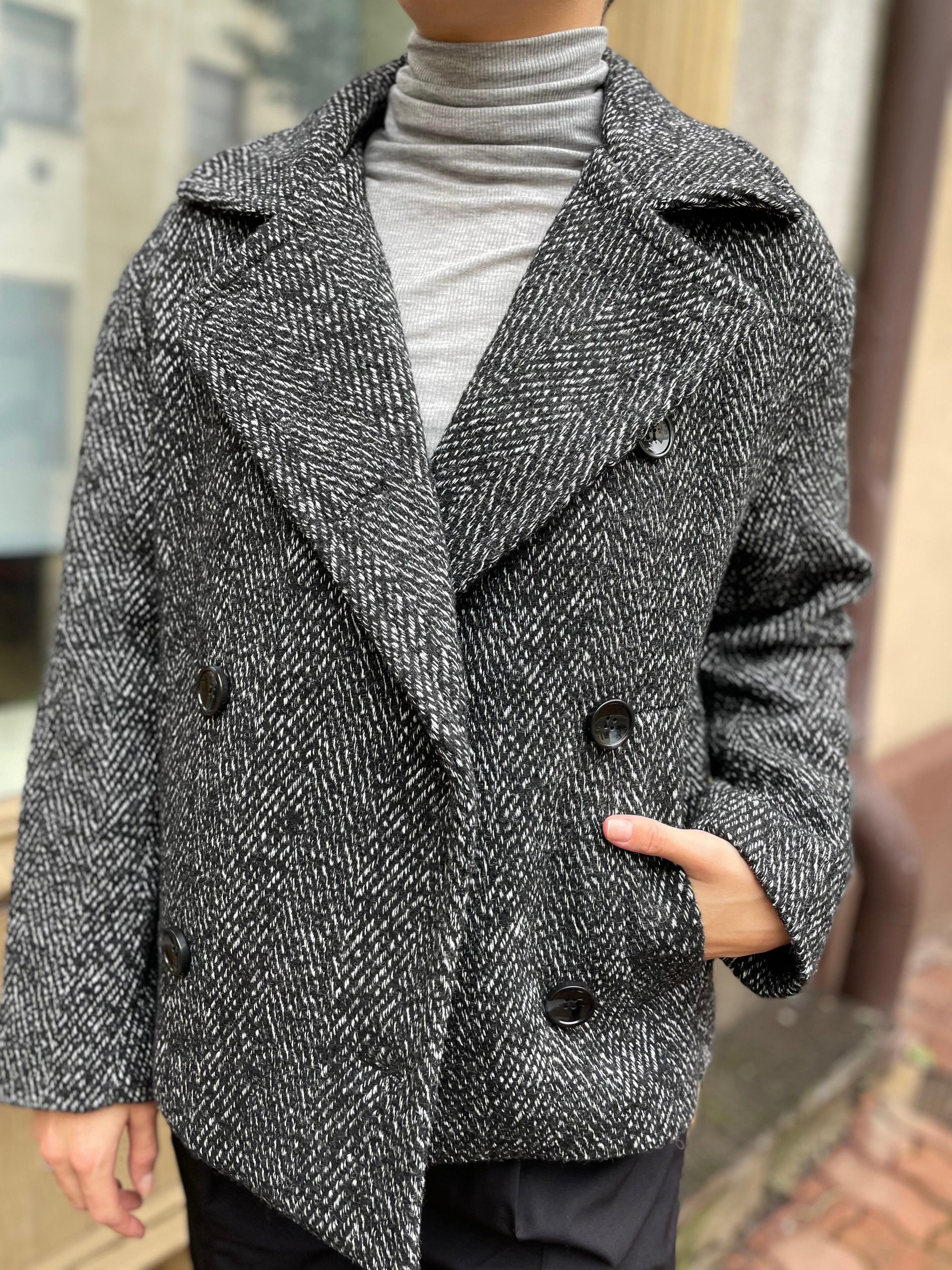 REPLAY WOMEN'S DOUBLE-BREASTED WOOL COAT WITH HERRINGBONE PATTERN