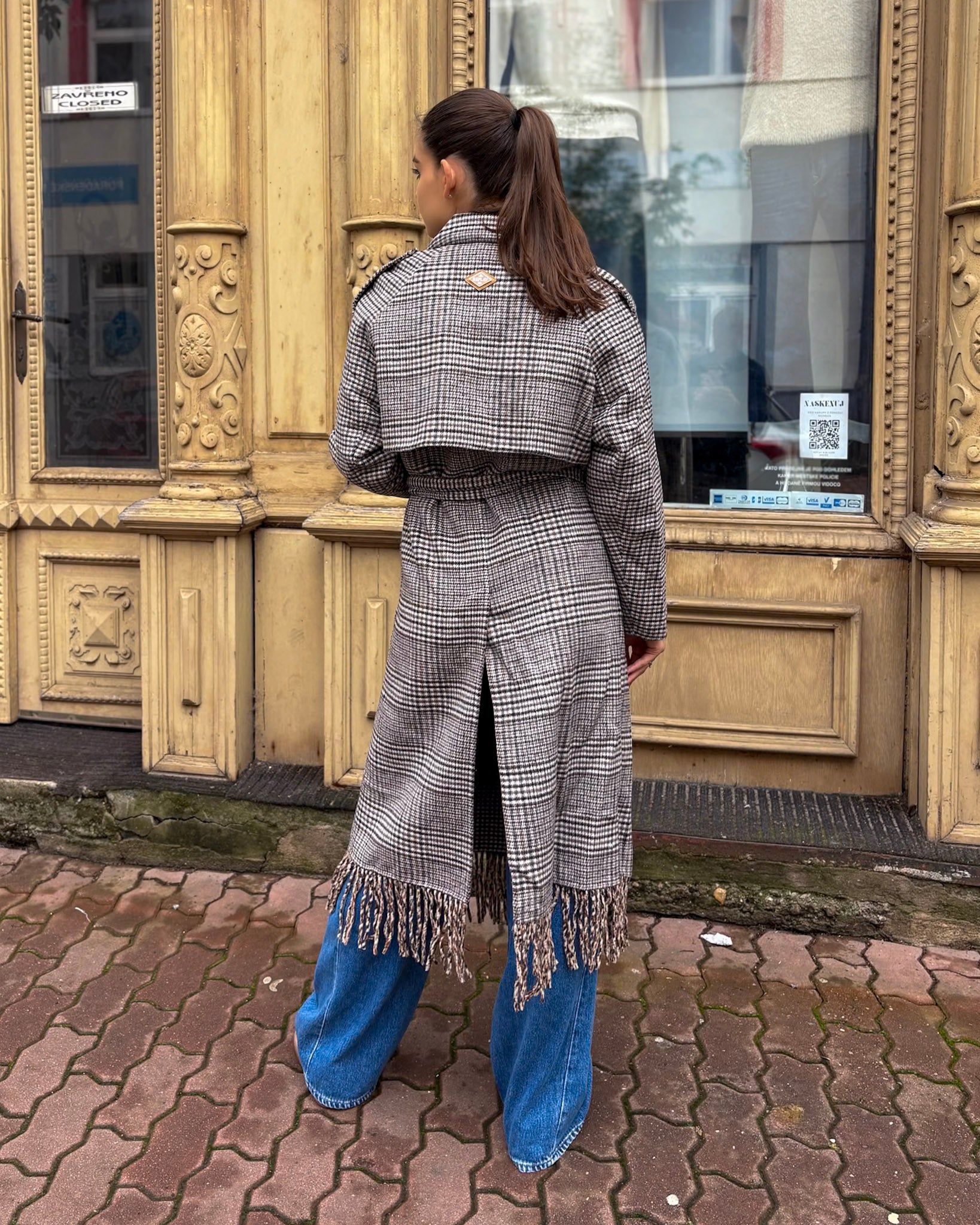 REPLAY WOMEN'S CHECK WOOL BLEND COAT WITH FRINGES