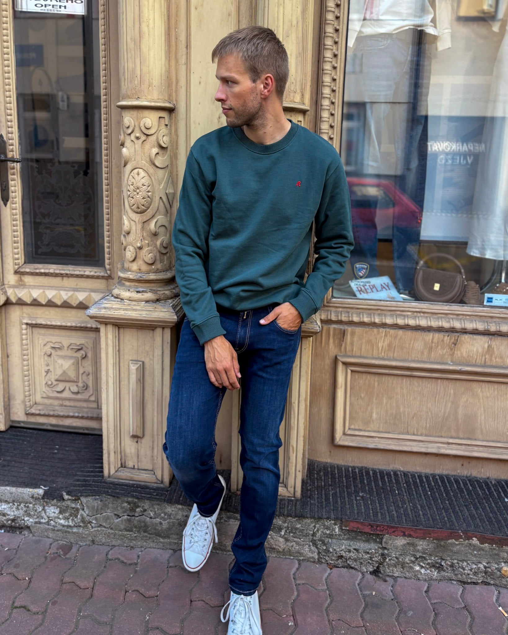 FÉRFI REPLAY RÖVIDÍTETT, KEFELT PAMUT PULÓVER