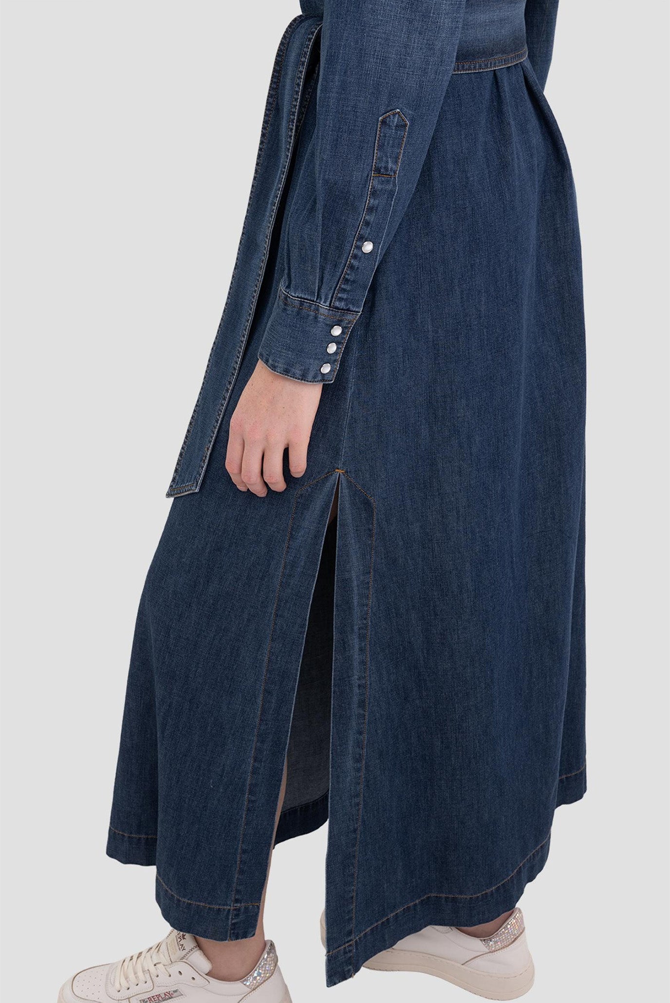 replay denim dress REPLAY Extra-long denim dress with slit - Stylish denim dress