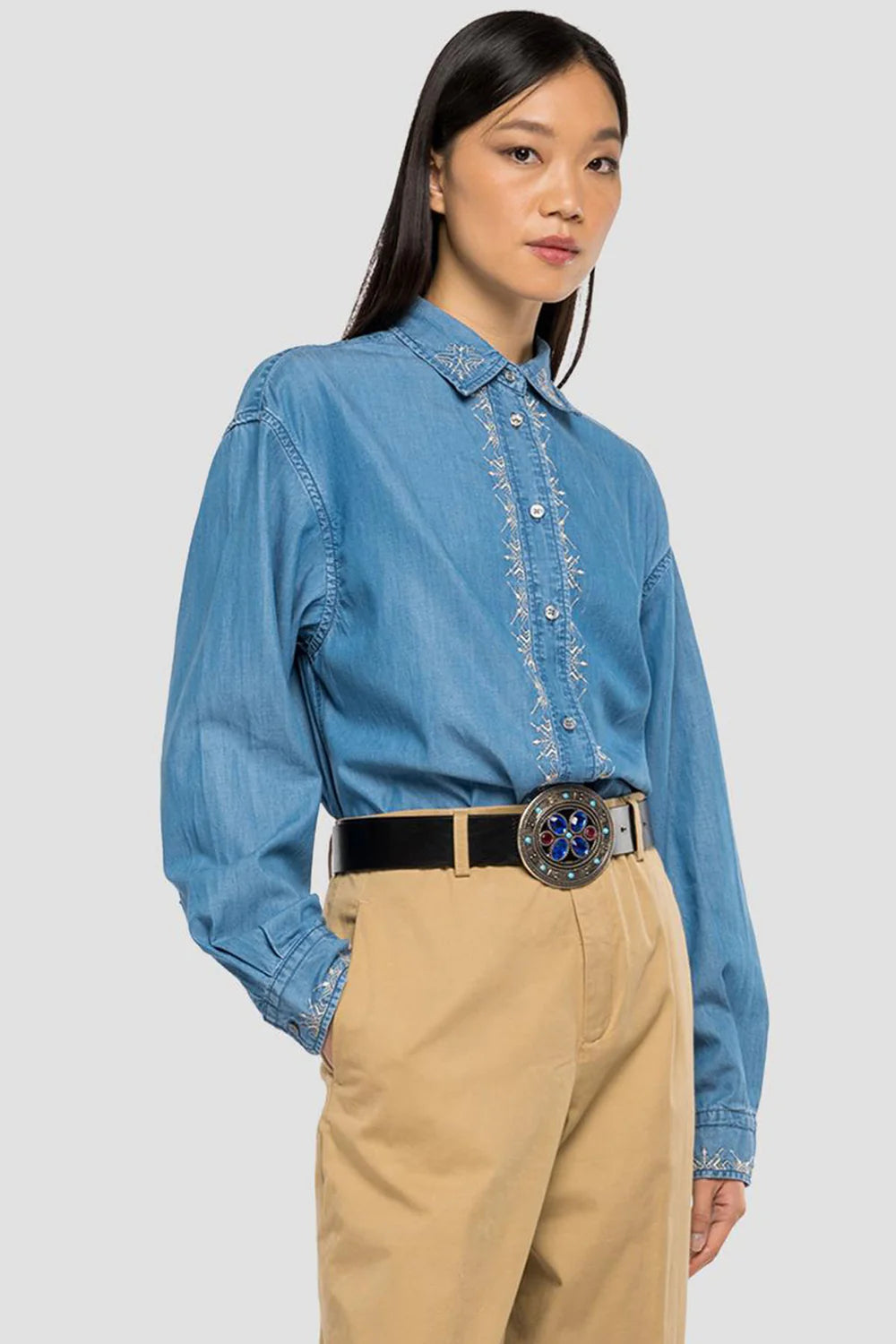 REPLAY WOMEN'S SHIRT WITH EMBROIDERY