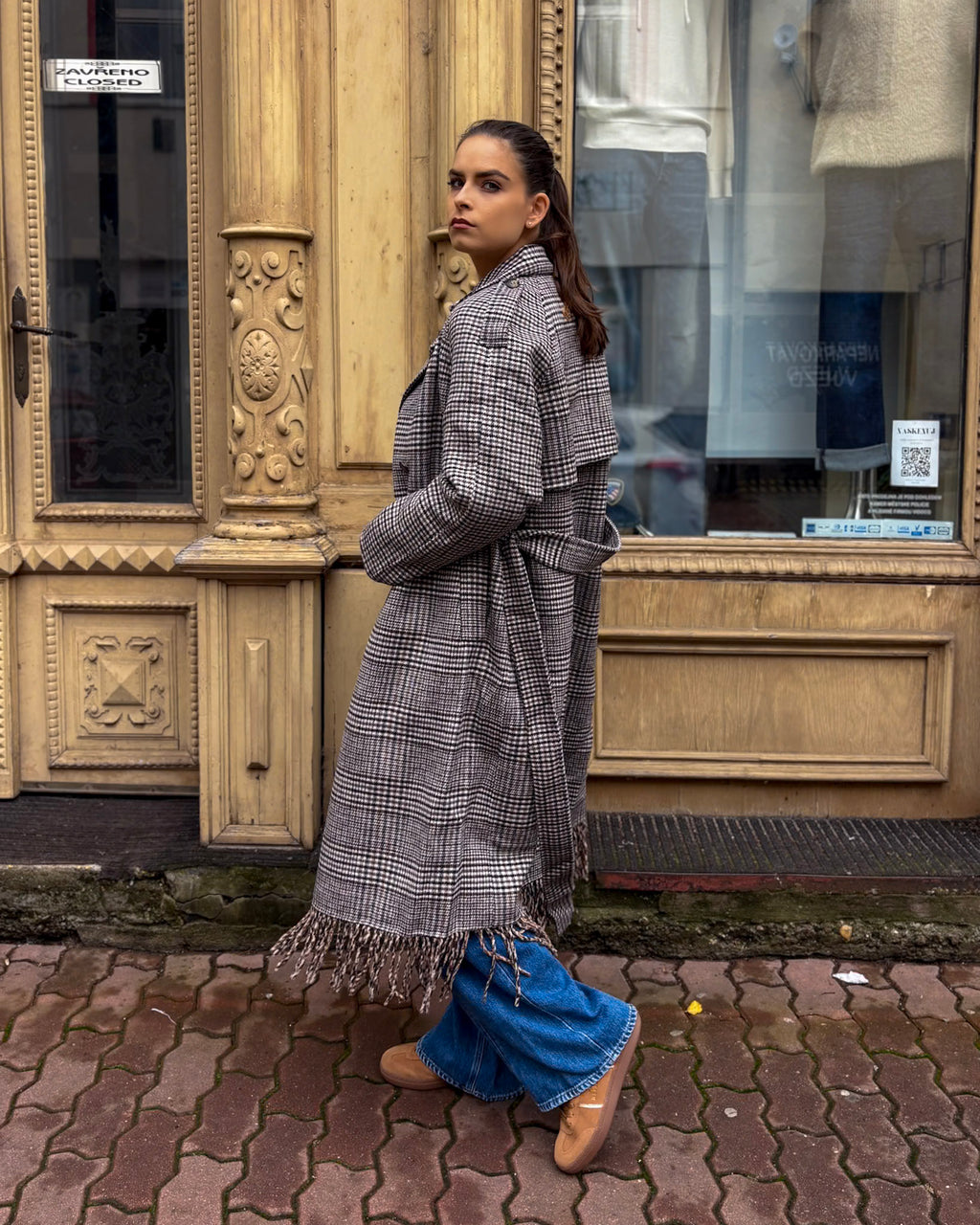 REPLAY WOMEN'S CHECK WOOL BLEND COAT WITH FRINGES