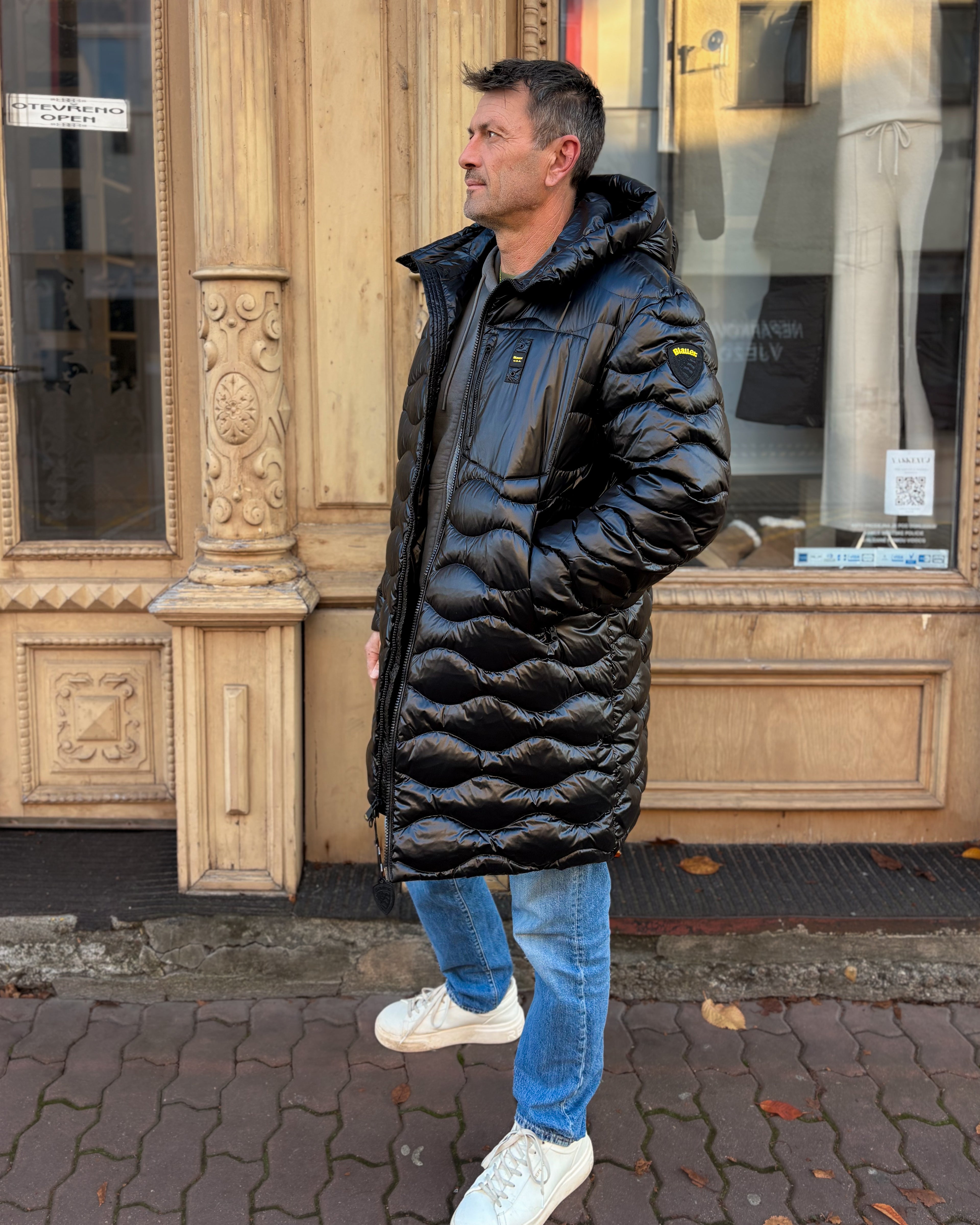 PÁNSKÁ DLOUHÁ PROŠÍVANÁ BLAUER PÉŘOVÁ BUNDA DUNBOY 