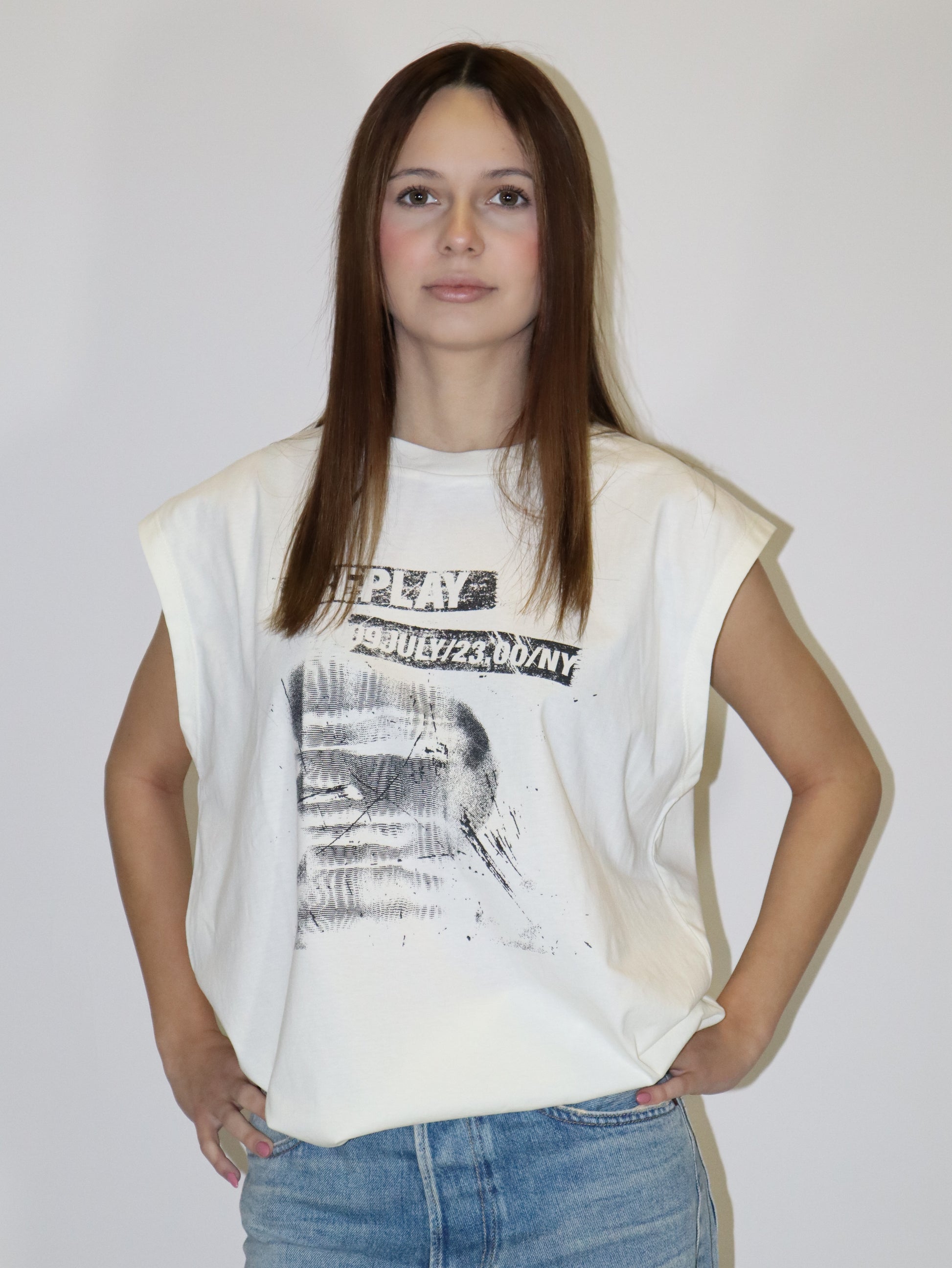 REPLAY DÁMSKÉ TRIČKO CHLAPECKÉHO STŘIHU S POTISKEM