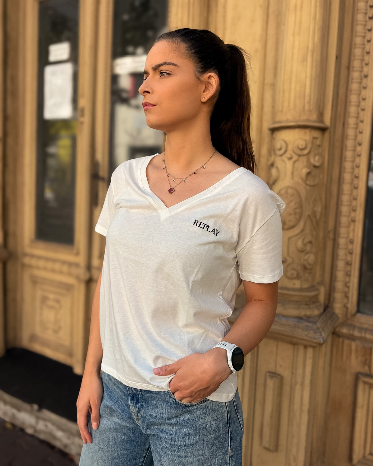 DAMEN T-SHIRT REPLAY MIT V-AUSSCHNITT