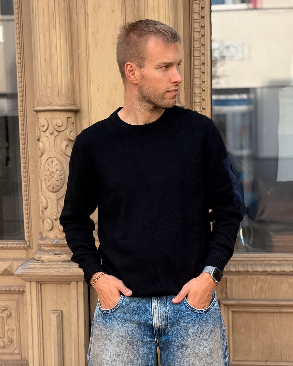 REPLAY MEN'S CHUNKY RIBBED SWEATER WITH VELVET R LOGO