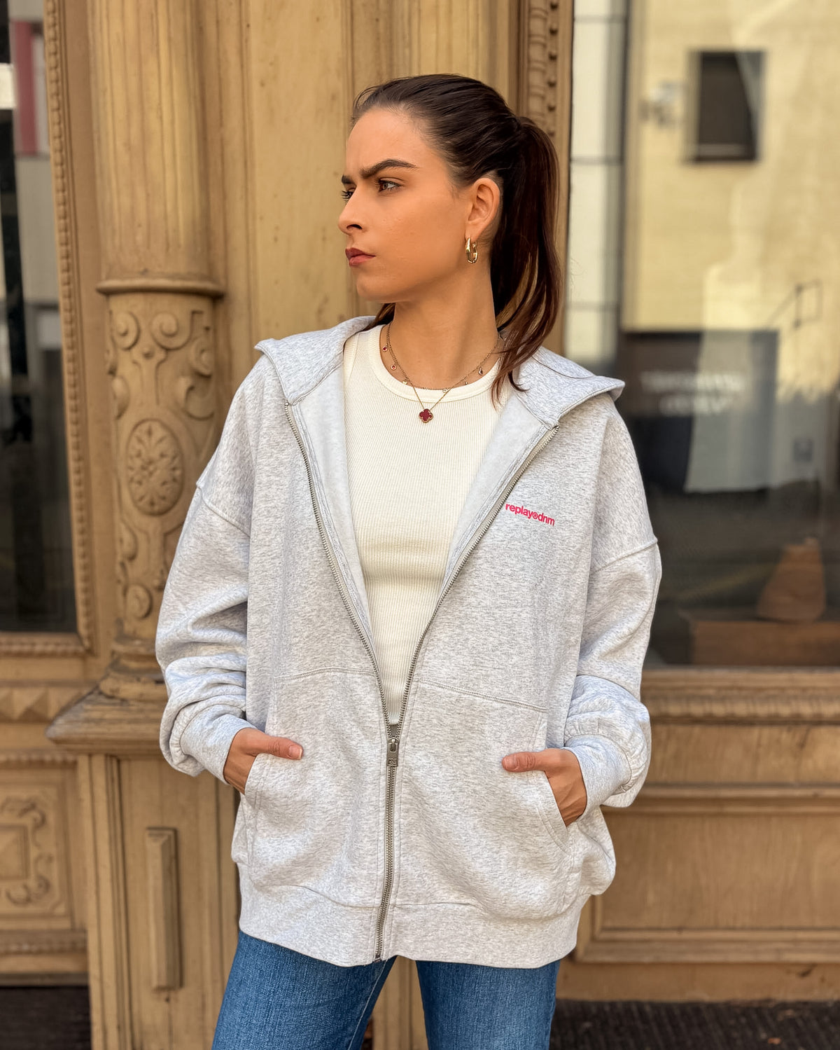 REPLAY WOMEN'S ZIP-UP HOODIE WITH EMBROIDERED LOGO