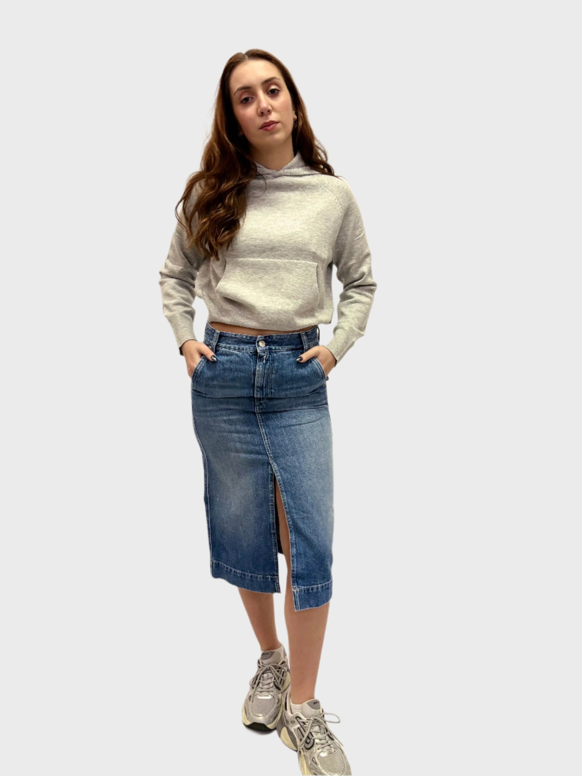 REPLAY DÁMSKÁ DŽÍNOVÁ MIDI SUKNĚ S ROZPARKEM