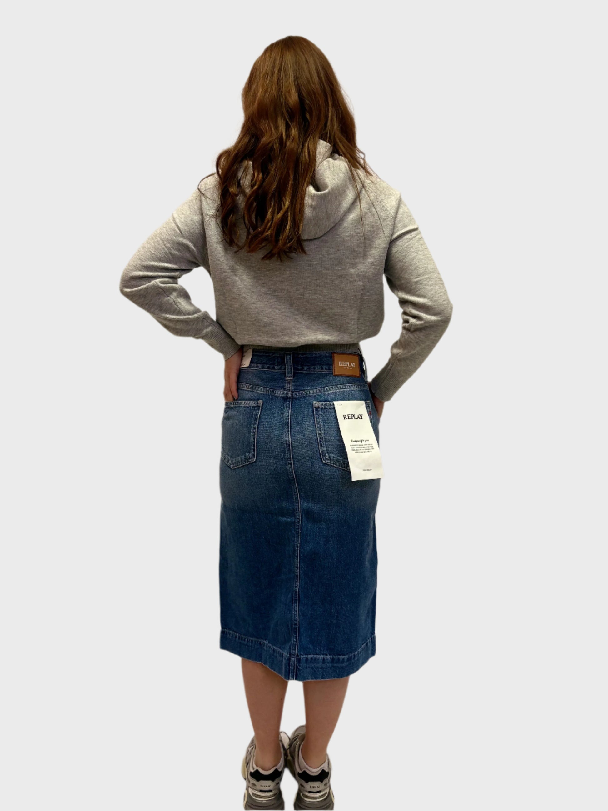 REPLAY DÁMSKÁ DŽÍNOVÁ MIDI SUKNĚ S ROZPARKEM