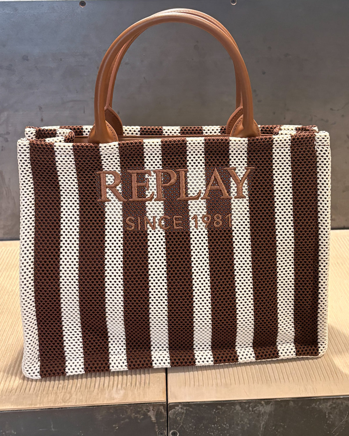 REPLAY Striped Shopper Bag in Perforated Polyester | SS26 