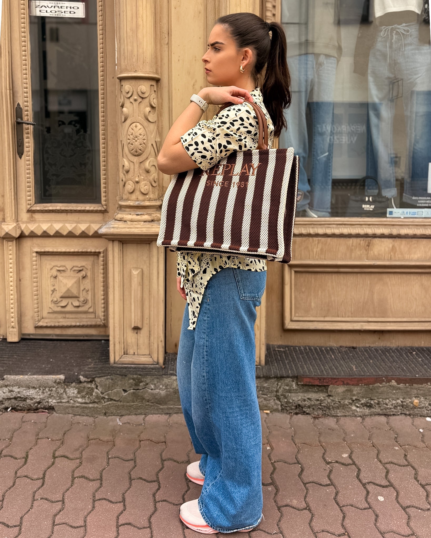 PRUHOVANÁ KABELKA REPLAY TYPU TOTE BAG 