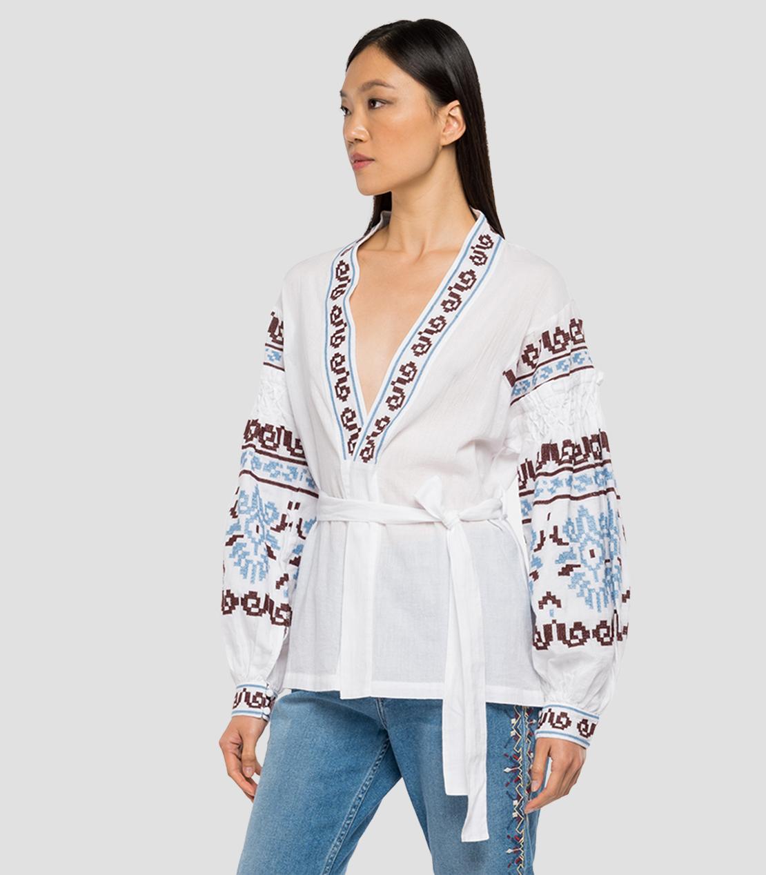 REPLAY WOMEN'S WRAP BLOUSE WITH EMBROIDERY