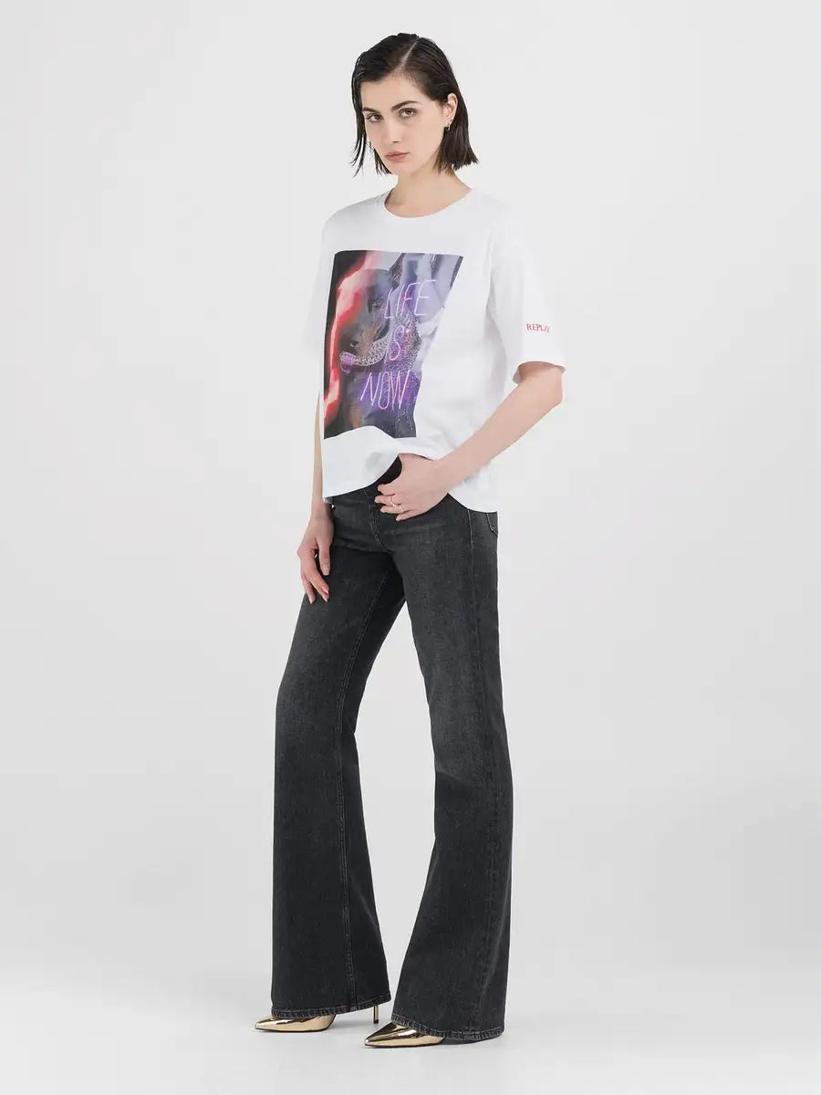 REPLAY DÁMSKÉ TRIČKO ROVNÉHO STŘIHU Z ŽERZEJE S POTISKEM