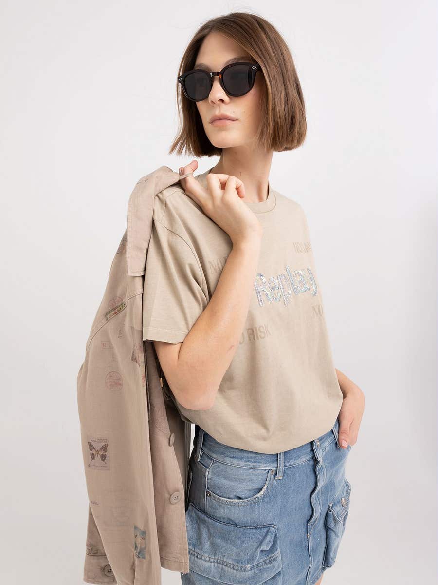 REPLAY DÁMSKÉ ŽERZEJOVÉ TRIČKO S NÁPISEM Z FLITRŮ