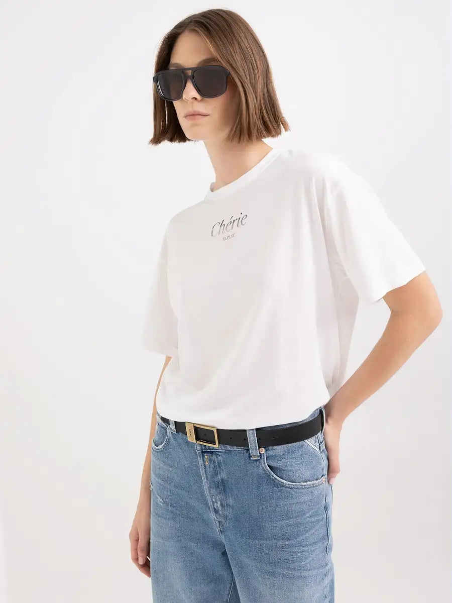 REPLAY ŽERZEJOVÉ TRIČKO S VÝSTŘIHEM A POTISKEM