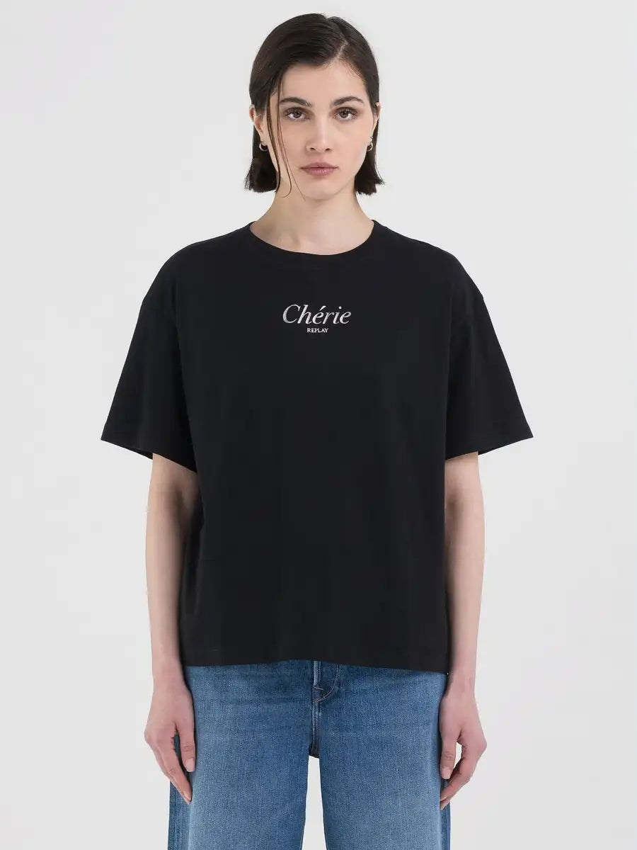 REPLAY ŽERZEJOVÉ TRIČKO S VÝSTŘIHEM A POTISKEM