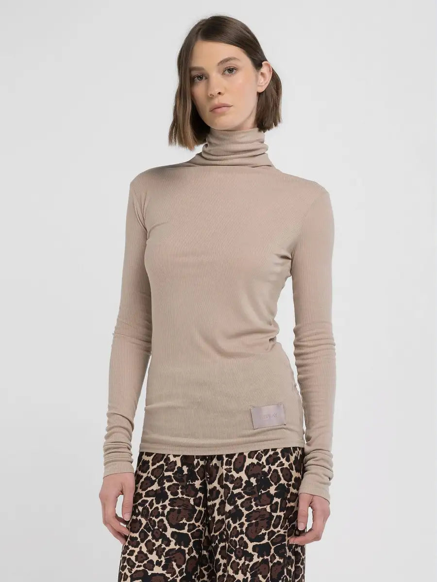 REPLAY DÁMSKÉ TRIČKO SLIM-FIT S DLOUHÝMI RUKÁVY A VYSOKÝM LÍMCEM 