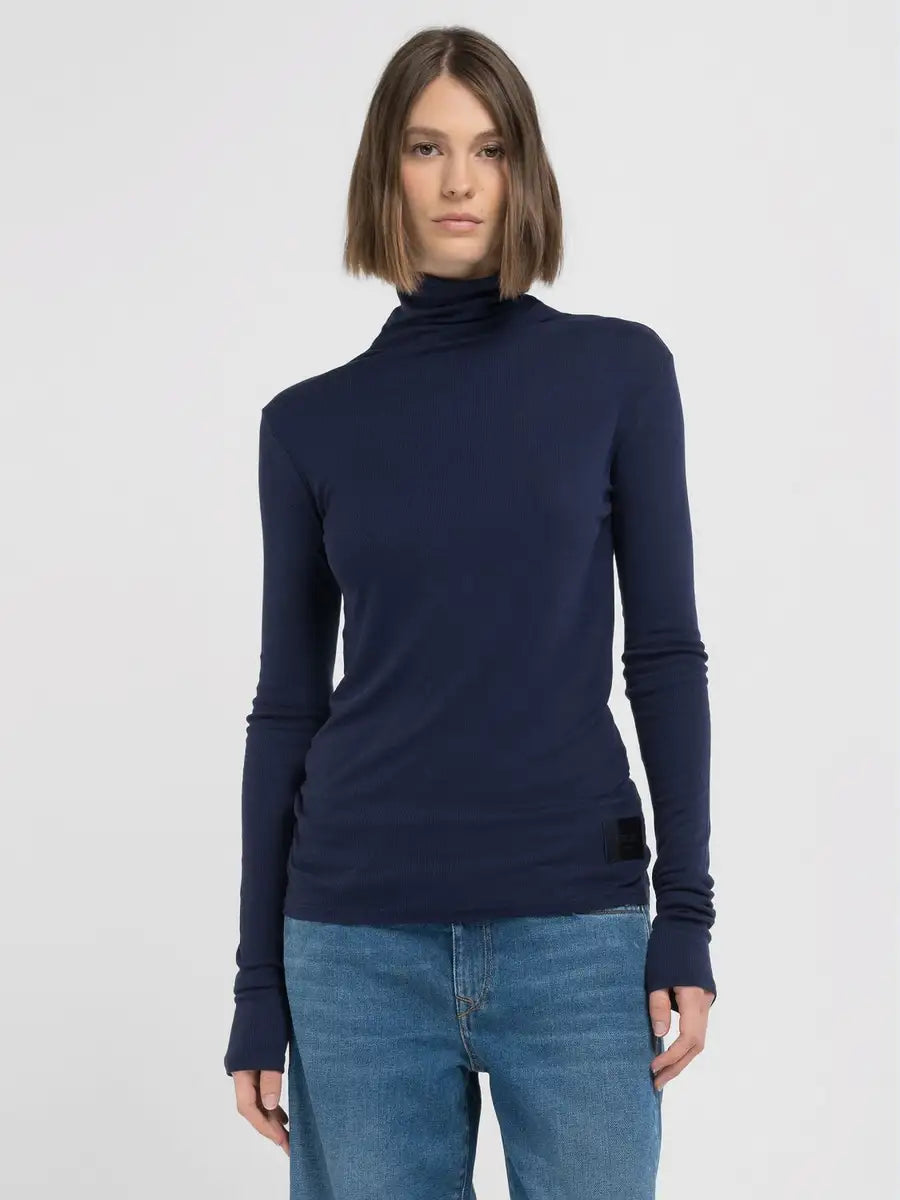 REPLAY DÁMSKÉ TRIČKO SLIM-FIT S DLOUHÝMI RUKÁVY A VYSOKÝM LÍMCEM 