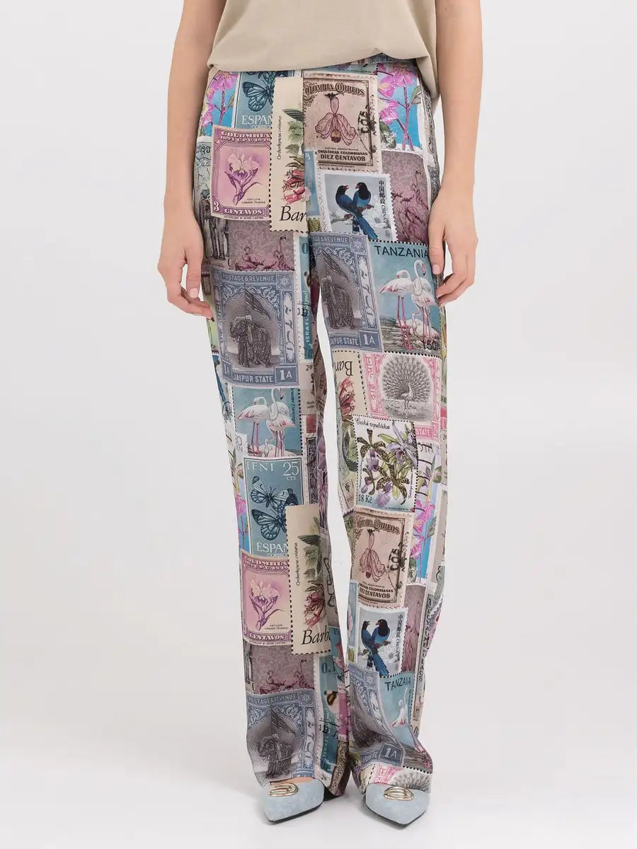 REPLAY DÁMSKÉ KALHOTY V PYŽAMOVÉM STYLU S POTISKEM VOYAGE