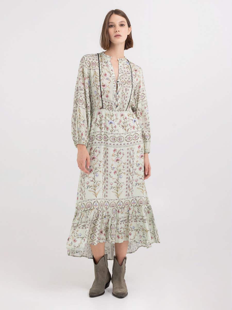 REPLAY LONG DRESS WITH RUFFLE IN VISCOSE SATIN