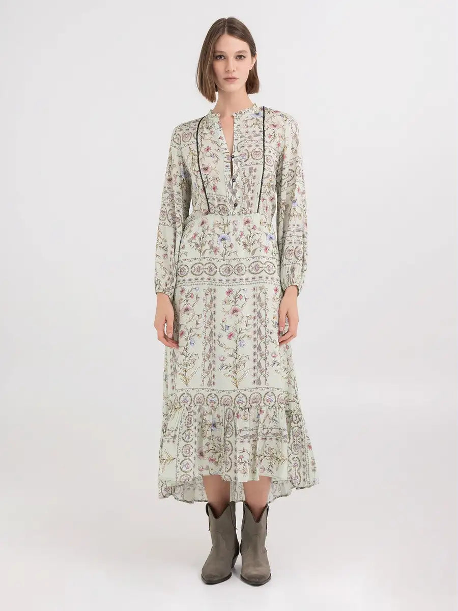 REPLAY LONG DRESS WITH RUFFLE IN VISCOSE SATIN