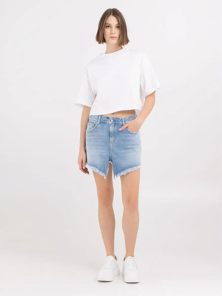 REPLAY MINI SUKNĚ S TŘÁSNĚMI Z DŽÍNOVINY