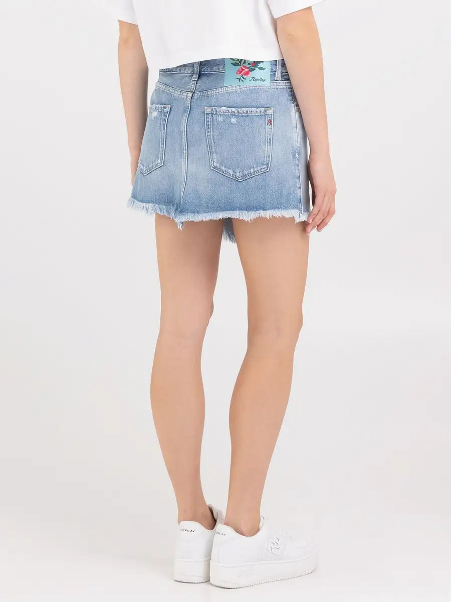 REPLAY MINI SUKNĚ S TŘÁSNĚMI Z DŽÍNOVINY