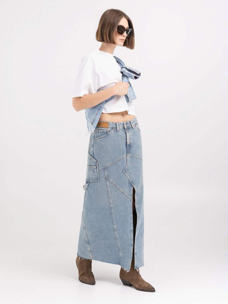 REPLAY DLHÁ SUKNE ZO SVETLÉ DŽÍNOVINY S ROZPARKOM 