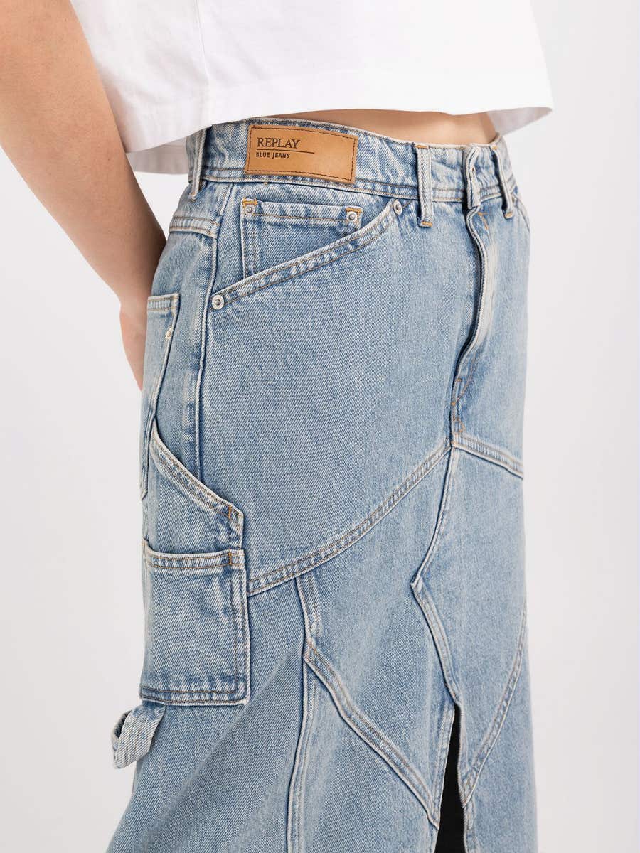 REPLAY DLHÁ SUKNE ZO SVETLÉ DŽÍNOVINY S ROZPARKOM 