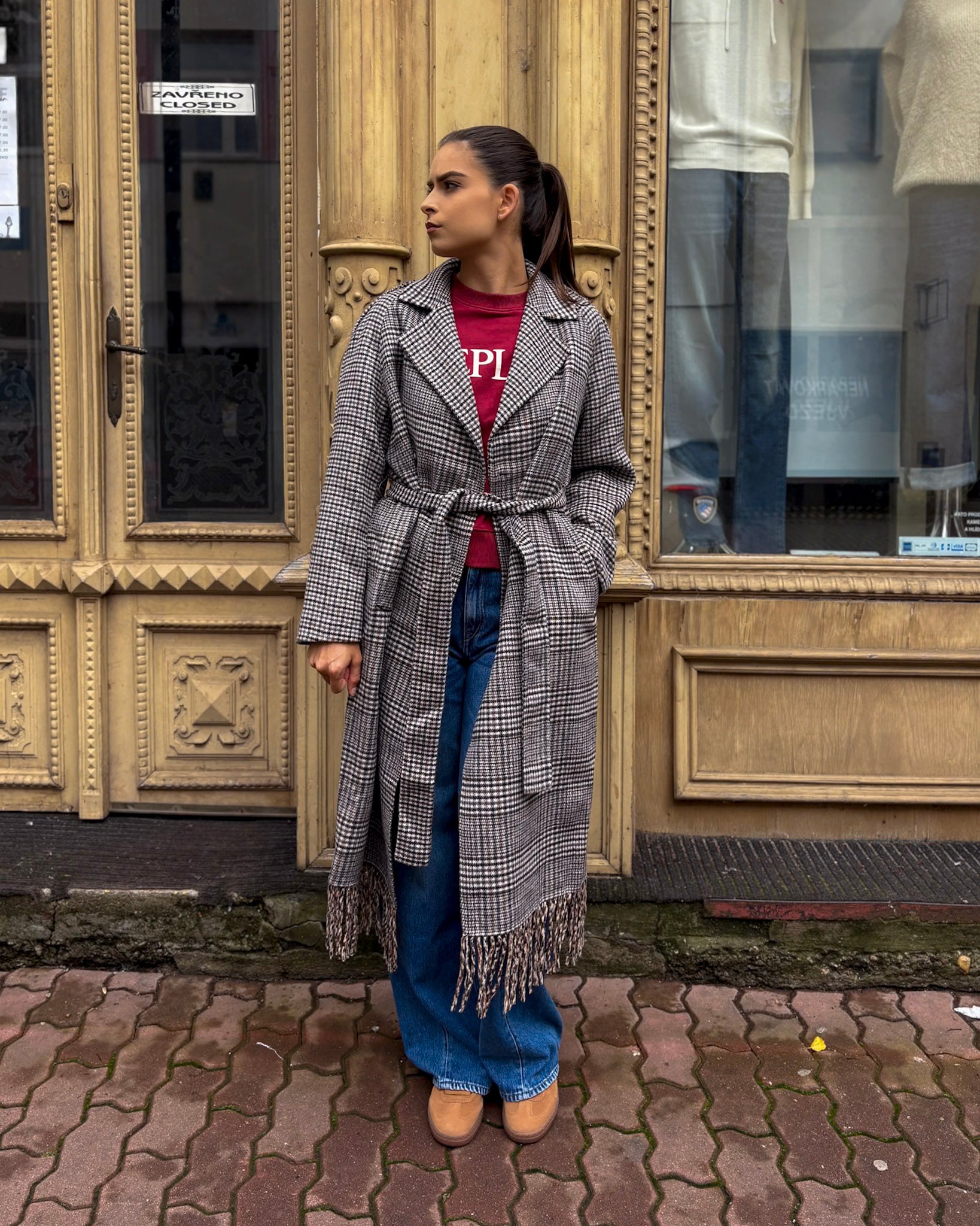 REPLAY WOMEN'S CHECK WOOL BLEND COAT WITH FRINGES