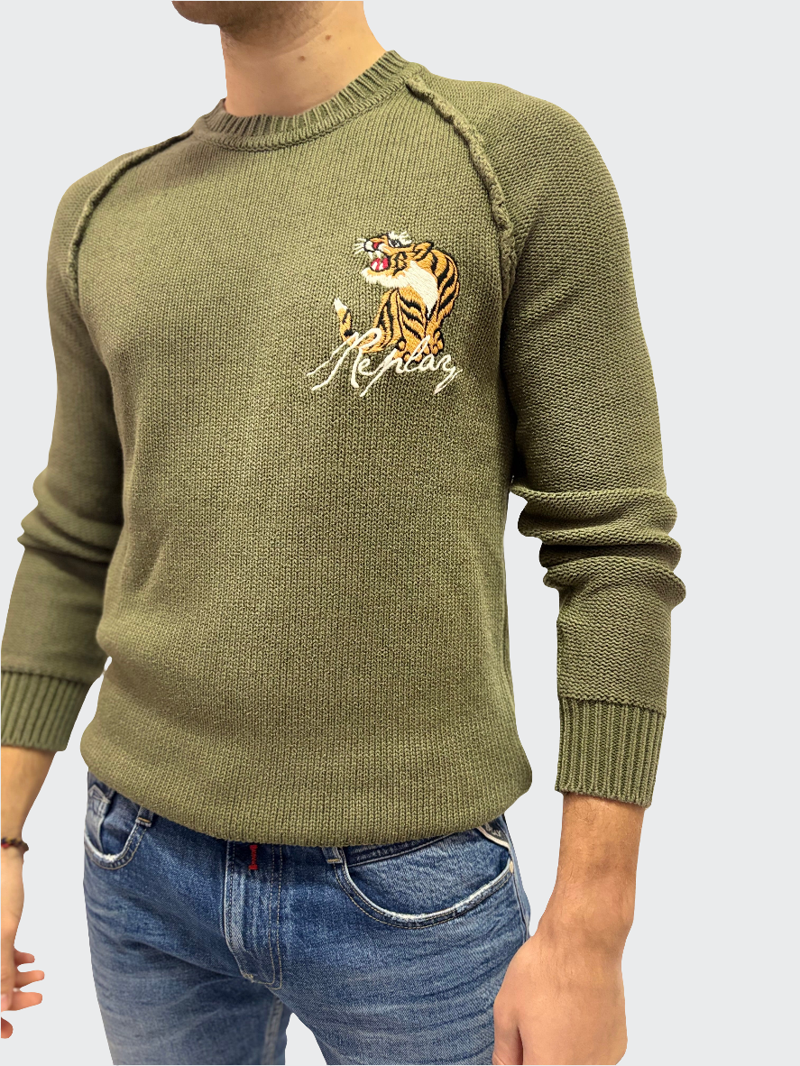 REPLAY PÁNSKY SVETER S POSÁDKOVÝM VÝSTRIHOM S TIGROM