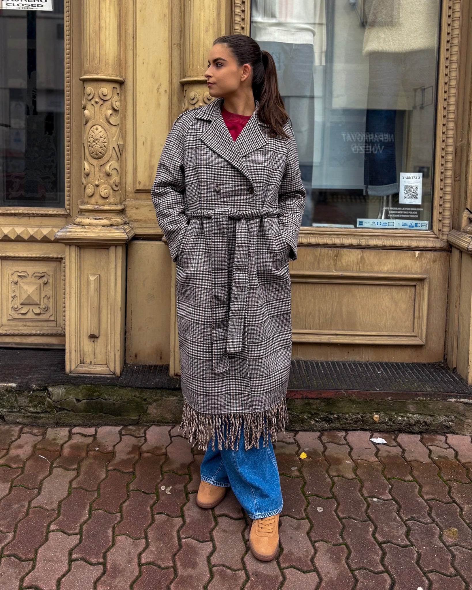 REPLAY WOMEN'S CHECK WOOL BLEND COAT WITH FRINGES