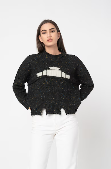 REPLAY DÁMSKÝ ZKRÁCENÝ SVETR S LOGEM A ROZTŘEPENÝM LEMEM 