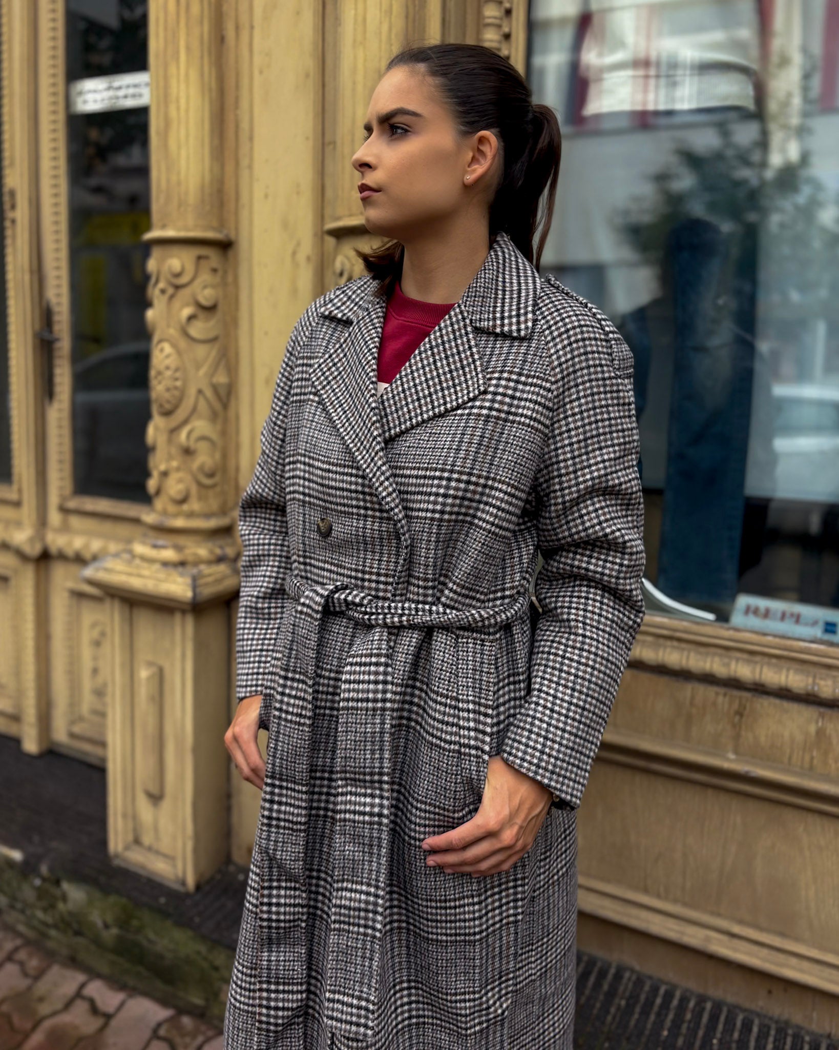 REPLAY WOMEN'S CHECK WOOL BLEND COAT WITH FRINGES