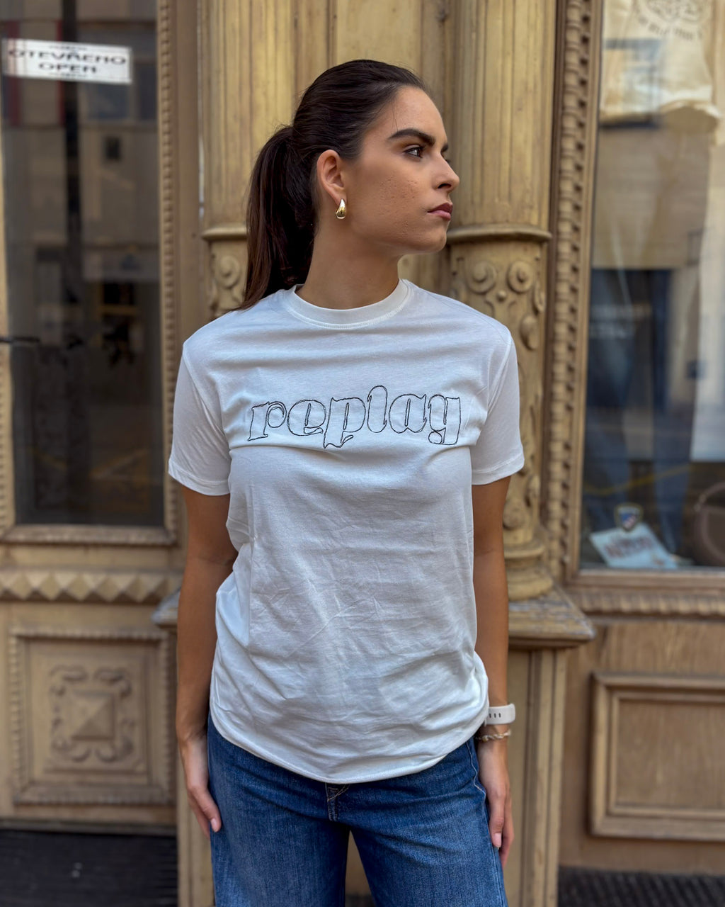 REPLAY WOMEN'S COTTON T-SHIRT WITH EMBROIDERY
