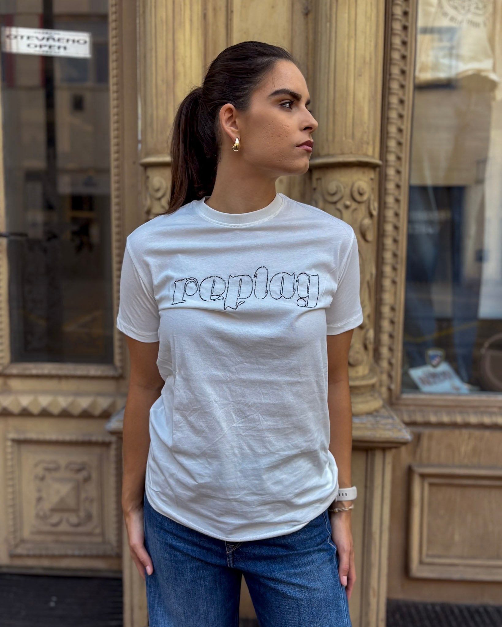 REPLAY WOMEN'S COTTON T-SHIRT WITH EMBROIDERY