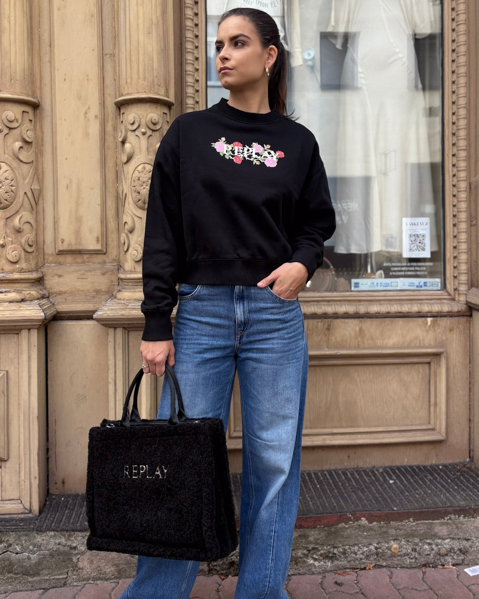 DÁMSKÁ MIKINA REPLAY MIKINA S LOGEM A POTISKEM RŮŽÍ